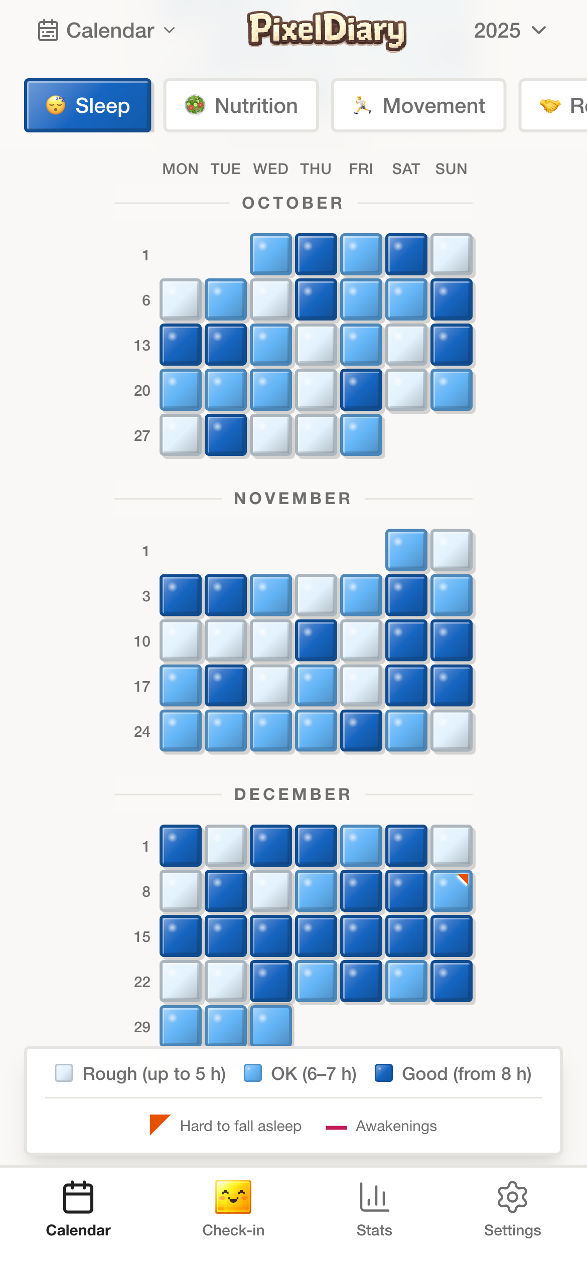 PixelDiary monthly calendar view showing sleep entries across several months.