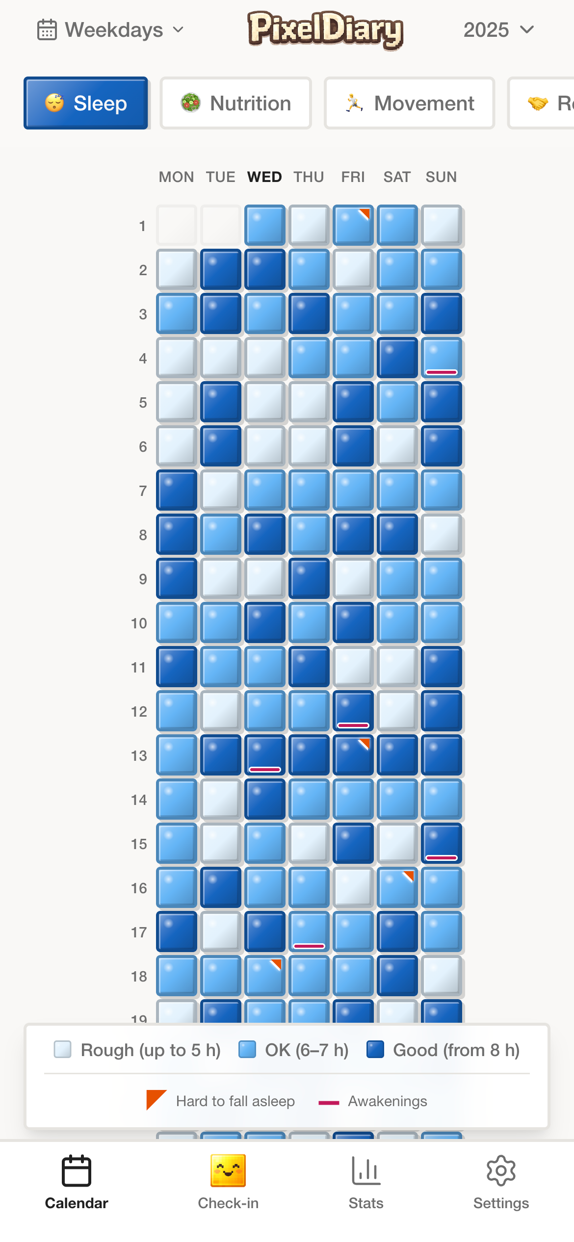 PixelDiary weekday calendar mode showing recurring sleep patterns and modifiers.