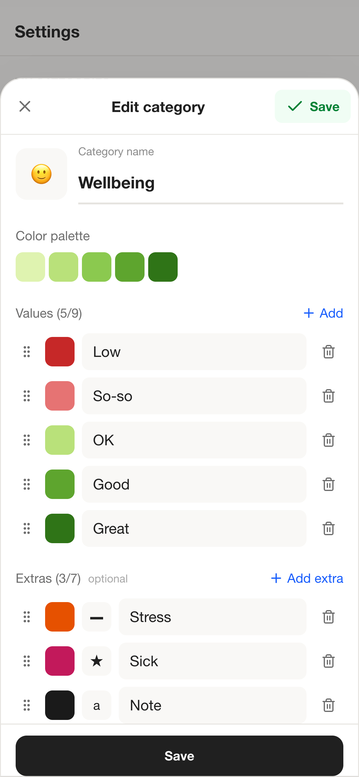PixelDiary category editing screen with custom wellbeing values, colors, and modifiers.