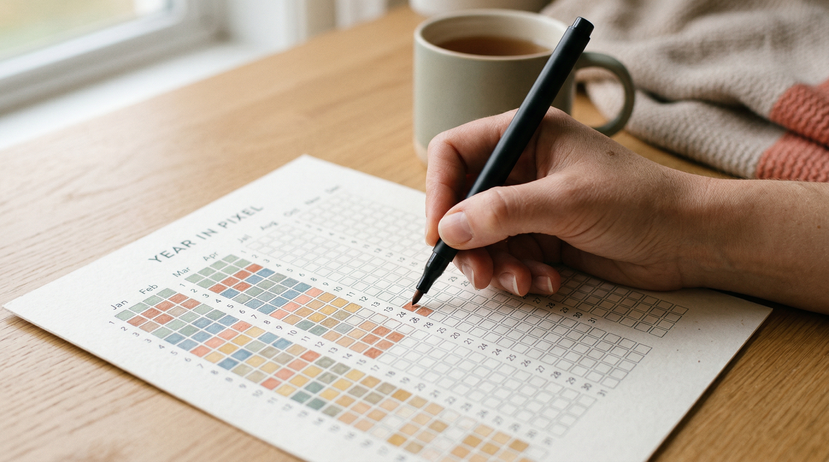 Close-up of a hand filling out a printed Year in Pixels sheet by hand on a wooden table beside a cup of tea.